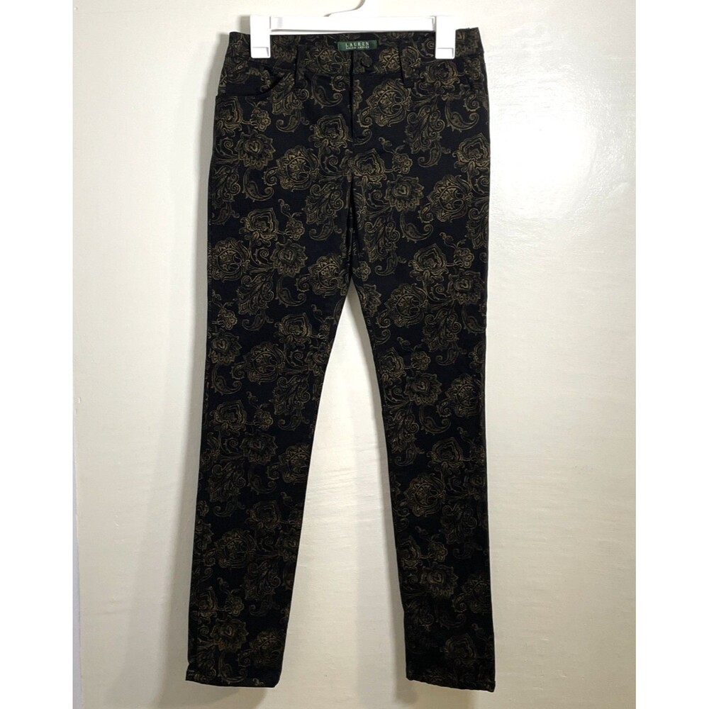 Lauren Ralph Lauren Women’s Black Gold Metallic Damask Print Skinny Jeans Size 2